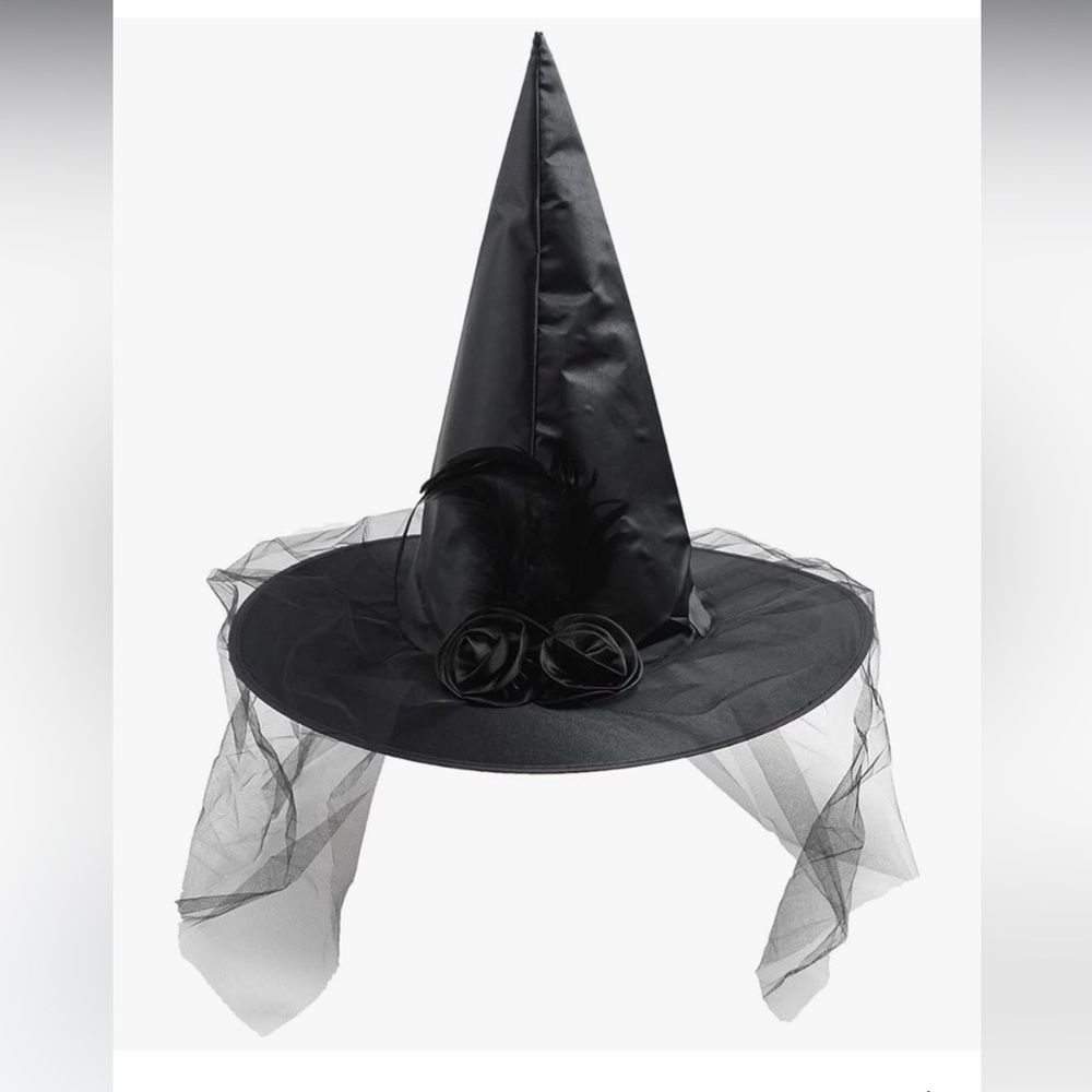 Black Witch Hat with Veil and Floral Detail